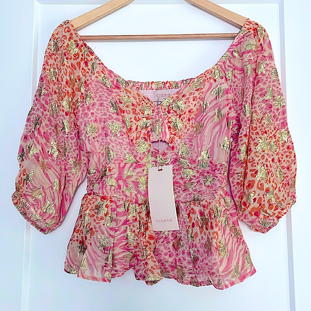 NWT CIEBON Geena pink knot front keyhole peplum top in pink gold coral cream XS